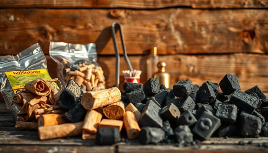 A meticulously arranged still life capturing various "Grillanzündprodukte" against a warm, earthy backdrop. In the foreground, an assortment of fire starters, kindling, and charcoal briquettes are neatly displayed, their textures and colors accentuated by soft, natural lighting from the side. The middle ground features a set of tongs, matches, and a small brass igniter, hinting at the tools needed to start and maintain the grill. In the background, a weathered wooden surface suggests a rustic outdoor setting, complementing the utilitarian nature of the products. The overall composition conveys a sense of practicality and efficiency, inviting the viewer to easily visualize the process of getting the grill ready for a delightful outdoor cooking experience.