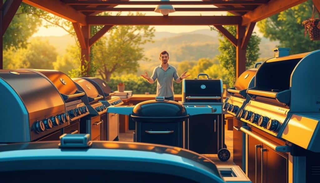 A meticulously detailed illustration showcasing the various grill sizes, captured in a warm, inviting ambiance. In the foreground, an array of grills in different dimensions, their sleek exteriors gleaming under soft, directional lighting. The middle ground features a person thoughtfully examining the options, hands outstretched to gauge the scale. In the background, a cozy outdoor setting with lush greenery and a hint of a picturesque landscape, setting the scene for the perfect grilling experience. The overall composition conveys a sense of careful consideration and the importance of selecting the right grill size to suit one's needs.