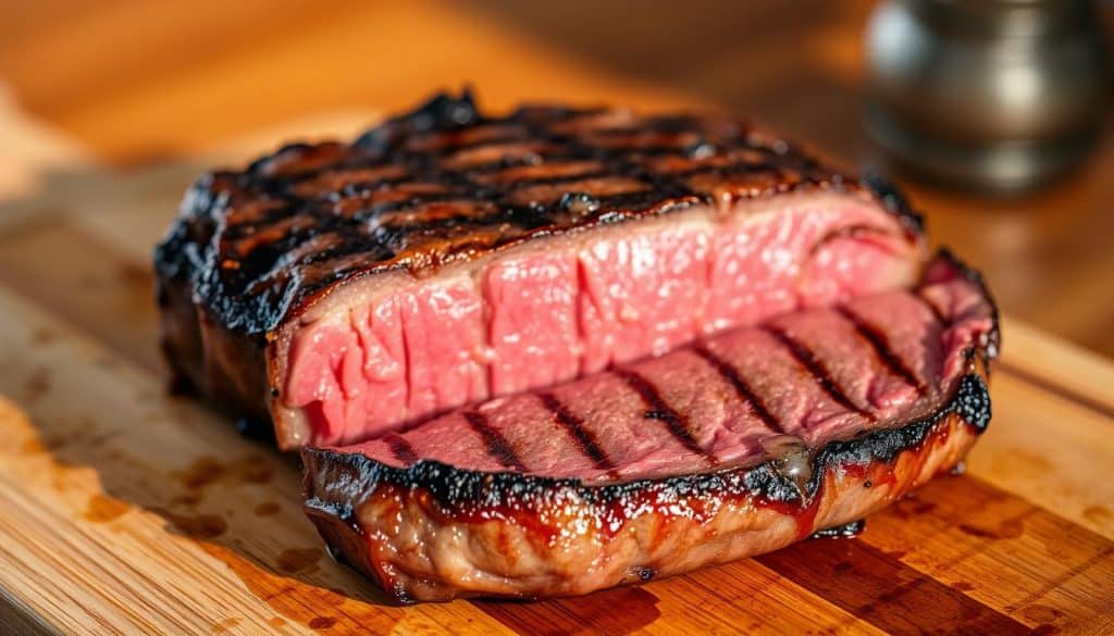 A mouth-watering medium steak freshly grilled to a perfect pink center, seared with crisp charred edges and grill marks. The steak sits atop a wooden cutting board, glistening with natural juices. The lighting is warm and natural, casting a golden glow. The background is slightly blurred, keeping the focus on the succulent steak. The overall scene conveys a sense of rustic elegance, inviting the viewer to savor the delicious texture and flavor of this expertly cooked medium steak.