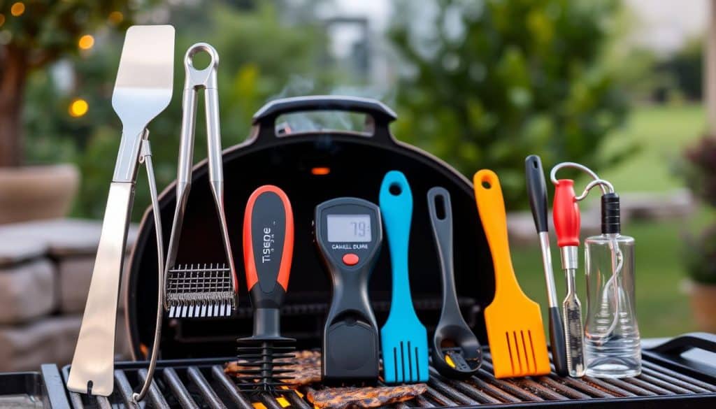 A neatly arranged display of practical grilling accessories, illuminated by warm, ambient lighting. In the foreground, a high-quality stainless steel spatula, tongs, and a durable grill brush with sturdy bristles. In the middle ground, a sleek digital meat thermometer, a set of colorful silicone basting brushes, and a compact grill cleaning tool. The background features a charcoal grill with a smoky, grilled aroma, surrounded by lush greenery and a serene outdoor setting, conveying a sense of effortless outdoor entertaining.