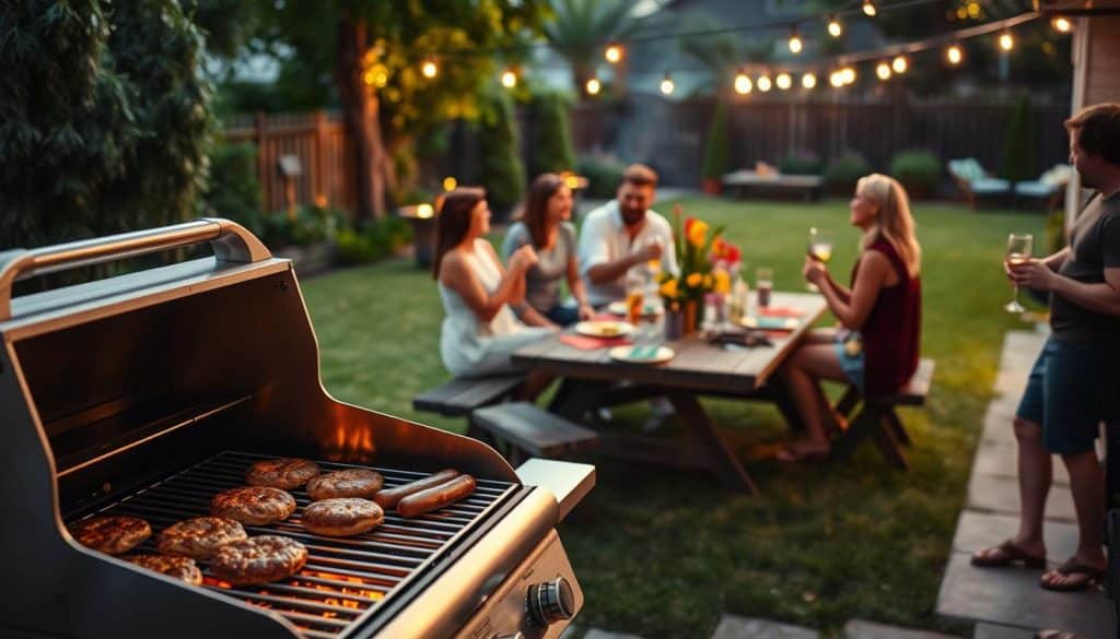 A peaceful backyard barbecue scene on a warm summer evening. In the foreground, a modern, stainless steel grill is sizzling with juicy burgers and sausages, casting a cozy glow. Surrounding the grill, a group of friends and family are gathered, laughing and chatting, glasses of chilled beer or wine in hand. In the middle ground, a wooden picnic table is set with colorful plates, napkins, and utensils, ready for the feast. The background features a lush, well-manicured lawn dotted with potted plants and string lights, creating a tranquil and inviting atmosphere. Soft, warm lighting illuminates the scene, conveying a sense of contentment and relaxation.