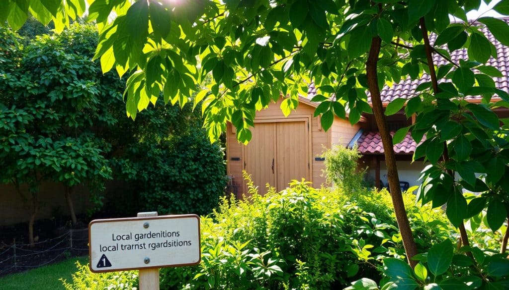 A serene garden setting with lush green foliage and a wooden garden shed in the middle ground. Sunlight filters through the leaves, casting a warm, natural glow across the scene. In the foreground, a small signpost indicates local gardening regulations, its weathered surface blending seamlessly with the surrounding vegetation. The background features a traditional tiled roof, hinting at the architectural style of the nearby buildings. The overall composition conveys a sense of tranquility and attention to regional gardening practices.