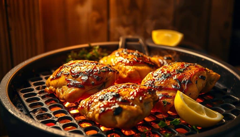 A sizzling grill illuminated by warm golden light, supporting juicy, crispy-skinned chicken thighs, their aromas wafting through the air. Lightly charred edges contrast with the succulent interior, each piece glistening with a sticky, caramelized glaze. The scene is framed by a rustic, wood-paneled background, complementing the hearty, homemade nature of the dish. The camera angle is slightly elevated, showcasing the delectable, mouth-watering details of the grilled chicken, ready to be savored alongside fresh herbs and lemon wedges. An inviting, comfort-food atmosphere that captures the essence of the perfect grilled chicken recipe.