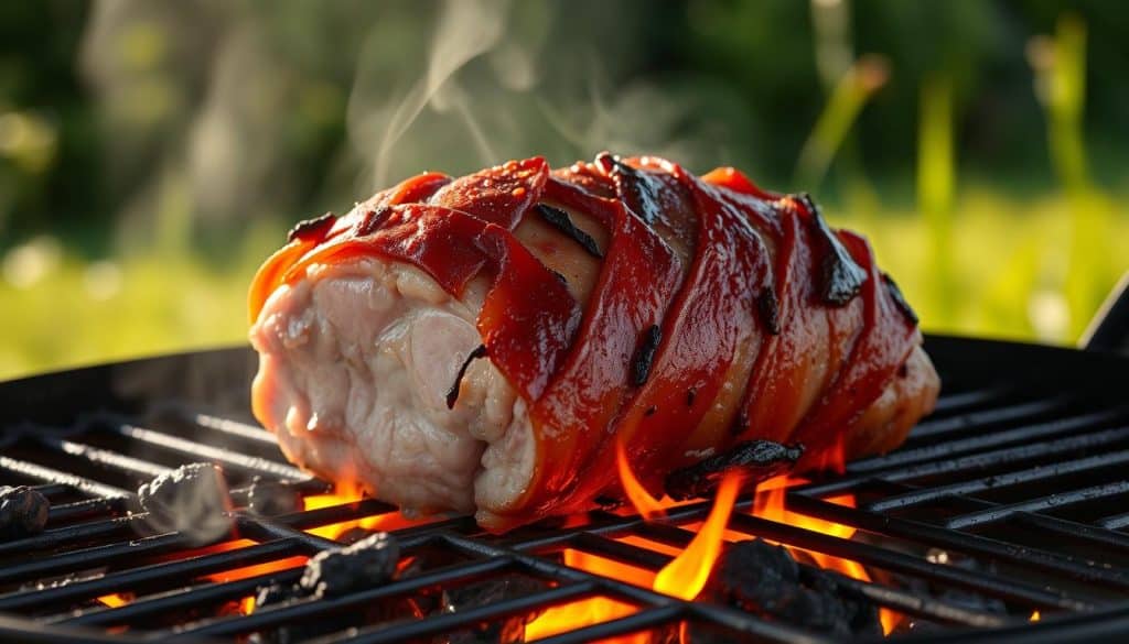 A sizzling pork tenderloin roast, wrapped in a lattice of crisp, golden-brown bacon, sizzling over open-flame grill. The meat glistens with caramelized juices, as the bacon's smoky aroma infuses the air. Softly lit from the side, casting dramatic shadows that accentuate the succulent textures. The grill's glowing embers provide a warm, rustic ambiance, hinting at the savory flavors to come. A tranquil, pastoral setting, with lush greenery in the background, creating a harmonious, appetite-whetting scene.