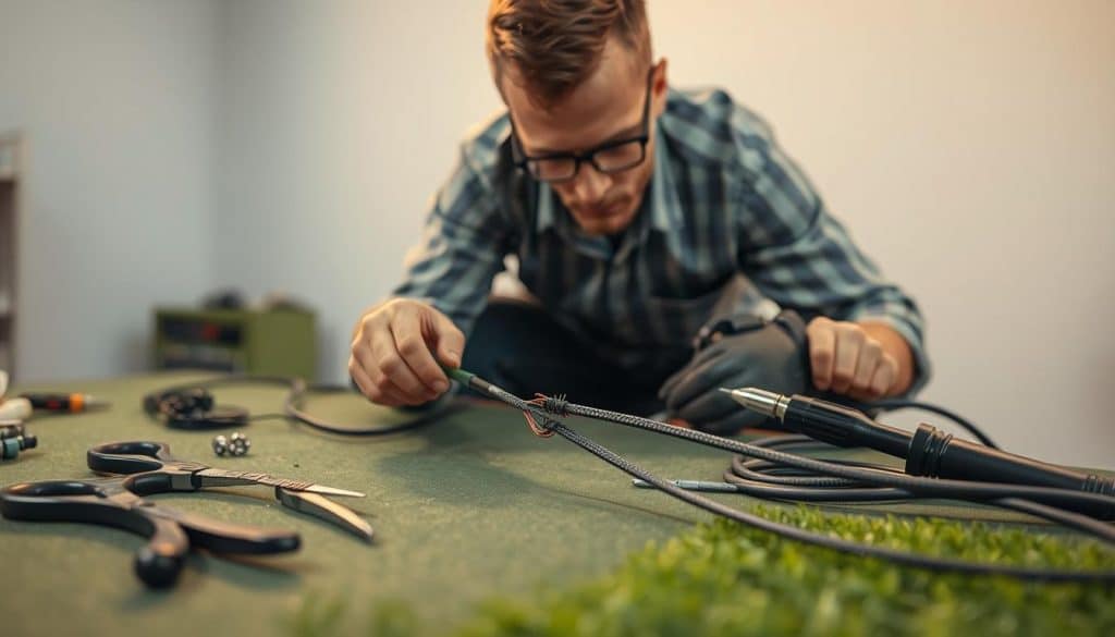 A skilled technician crouches down, carefully inspecting a damaged robotic lawn mower boundary cable. The cable lies on a neat, organized workbench, surrounded by a variety of tools - pliers, wire strippers, and a soldering iron. Warm, focused lighting illuminates the scene, casting subtle shadows that accentuate the textures of the materials. The technician's expression is one of focused determination, as they meticulously work to repair the damaged section, restoring the boundary system to full functionality. The background is a clean, neutral workspace, allowing the viewer to concentrate on the intricate repair process.