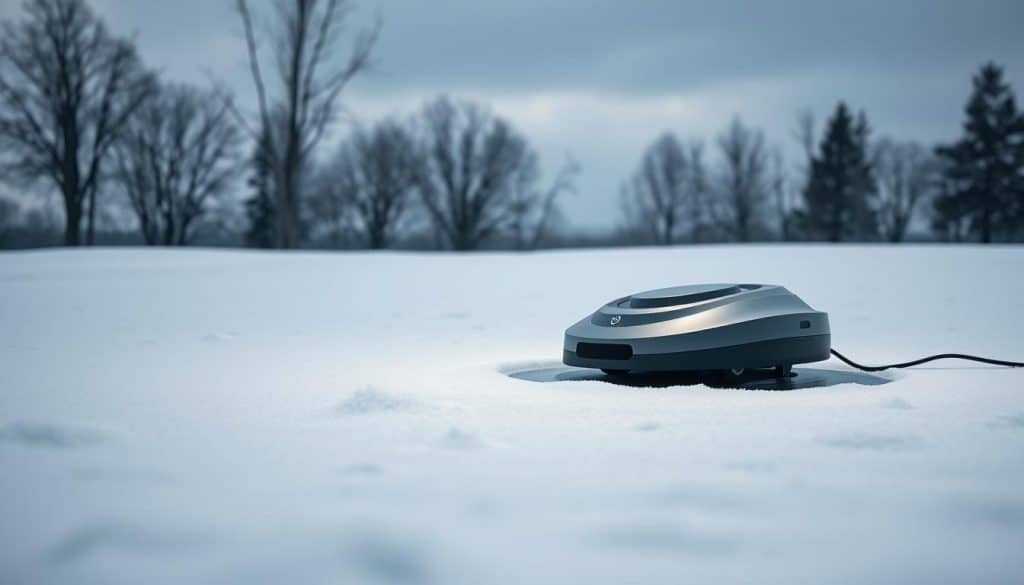 A snowy winter landscape with a charging station for a robotic lawn mower in the foreground. The station is situated against a backdrop of bare trees and a dimly lit gray sky, creating a peaceful, serene atmosphere. The charger itself is a sleek, modern design with clean lines and a minimalist aesthetic, blending seamlessly into the wintry setting. Soft shadows from the overcast conditions fall across the station, adding depth and dimension to the scene. The overall mood is one of tranquility and anticipation, hinting at the lawn mower's temporary respite from its summer duties.