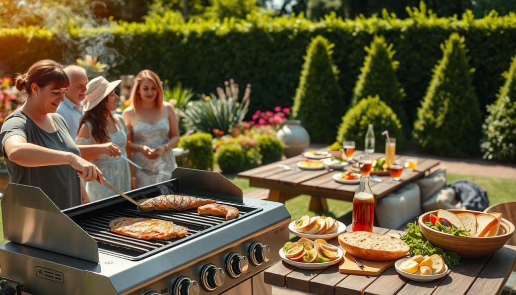 A sparkling clear summer day, with a well-curated backyard barbecue scene. In the foreground, a group of people gathered around a sleek, modern gas grill, their faces alight with joy as they tend to perfectly seared meats and vegetables. The grill's stainless steel surface gleams under the warm, even lighting, while a light smoke plume rises gracefully. In the middle ground, a wooden picnic table is laden with fresh salads, crusty bread, and chilled beverages, inviting guests to savor the healthful and delicious feast. The background features a lush, verdant garden, with vibrant flowers and neatly trimmed hedges, creating a serene and inviting atmosphere. The overall scene conveys a sense of comfort, quality, and a celebration of the simple pleasures of outdoor cooking and dining.