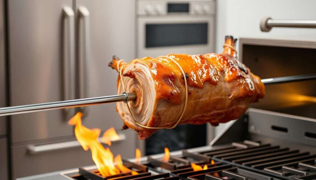A succulent pork roast gently skewered on a gleaming metal spit, its surface lightly browned and glistening under soft, warm lighting. The roast is carefully positioned, secured with butcher's twine, ready to slowly rotate over the open flame of a gas grill, filling the air with the inviting aroma of sizzling meat. The scene is set against a backdrop of sleek, stainless steel appliances and a crisp, minimalist kitchen, emphasizing the precision and technique required to properly spit-roast this traditional dish.