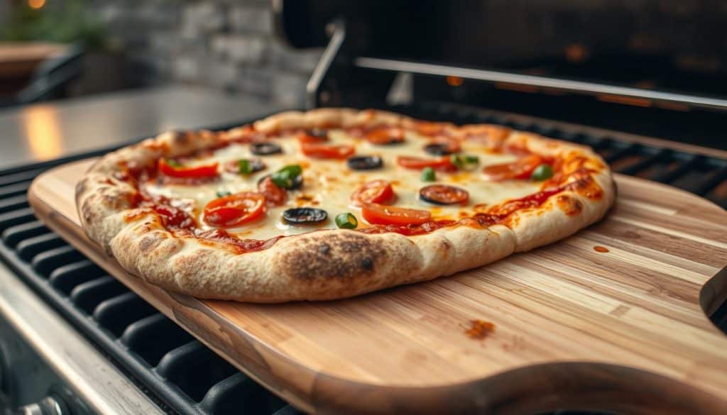A sumptuous pizza, freshly baked on a gas grill, is carefully transferred to a wooden serving board. The crisp, golden crust glistens with a light sheen of olive oil, while the melted cheese and vibrant toppings create a mouthwatering display. The image is captured from a low, angled perspective, highlighting the textural details of the pizza's surface and the warm, inviting glow of the gas grill in the background. The overall scene evokes a sense of rustic sophistication, inviting the viewer to savor the flavors and experience the joy of homemade, grilled pizza.