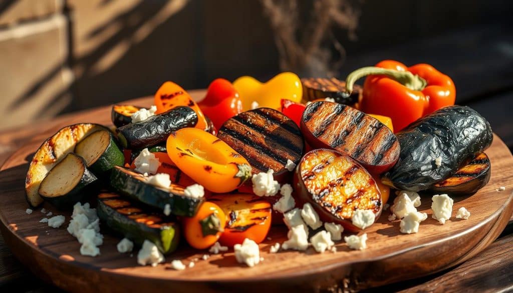 A vibrant and rustic still life capturing an assortment of grilled vegetables, including zucchini, bell peppers, and eggplant, arranged beautifully on a wooden platter. The vegetables are glistening with a light char, their colors rich and inviting. Scattered around the plate are crumbles of tangy feta cheese, adding a creamy contrast to the roasted flavors. The scene is bathed in warm, golden light, casting soft shadows and creating a cozy, al fresco atmosphere. The composition is balanced and visually appealing, drawing the viewer's eye to the tempting spread of grilled delights.