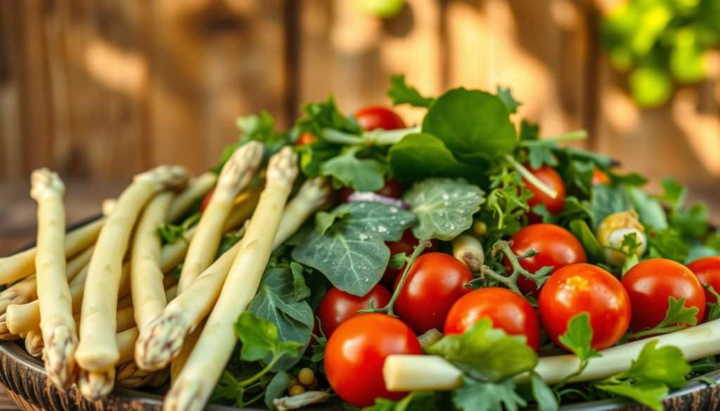 A vibrant and summery Spargelsalat (asparagus salad) set against a warm, natural backdrop. In the foreground, freshly steamed white asparagus spears are arranged artfully, their slender forms complemented by the vibrant red of ripe cherry tomatoes. The middle ground features a mix of crisp greens, such as baby spinach and arugula, dressed in a light, tangy vinaigrette. The background showcases a rustic wooden table or backdrop, evoking a homey, al fresco setting. Dappled sunlight filters through, creating a gentle, golden glow and enhancing the salad's appetizing appearance. The overall composition is clean, balanced, and visually appealing, perfectly capturing the essence of a refreshing, summer-inspired Spargelsalat.