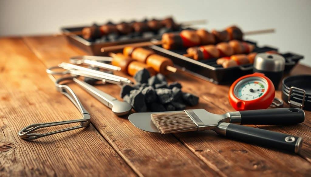 A well-curated arrangement of grilling accessories laid out on a rustic wooden surface, with a warm, golden glow illuminating the scene. In the foreground, a selection of essential tools - tongs, spatula, basting brush - artfully positioned. In the middle ground, charcoal briquettes, skewers, and a meat thermometer suggest the preparation for a delectable grilled feast. The background features a clean, minimalist backdrop, allowing the grilling equipment to take center stage and convey a sense of culinary expertise and attention to detail.