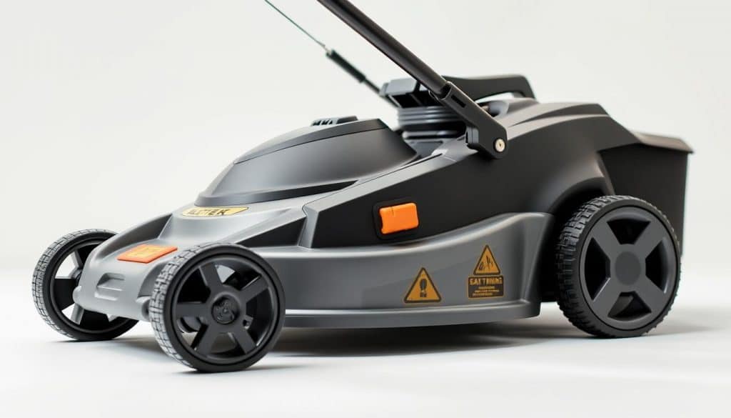 A well-lit, high-resolution image of a battery-powered lawn mower with its safety features prominently displayed. The mower is positioned in a minimalist, clean background, allowing the key details to stand out. The image should focus on the mower's battery pack, safety switches, and any relevant caution or warning labels. Capture the mower from an angle that highlights its sleek, modern design, conveying a sense of efficiency and safety. The lighting should be soft and even, accentuating the mower's construction materials and overall aesthetic. The resulting image should clearly illustrate the unique safety considerations for battery-powered lawn mowers.