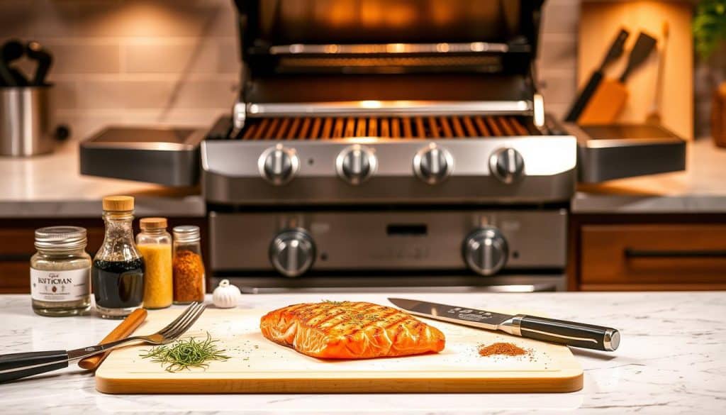 A well-lit kitchen countertop with a cutting board, a fresh salmon fillet, and various grilling tools and seasonings. In the background, a modern gas grill stands ready, its grates gleaming. The scene conveys a sense of culinary expertise and attention to detail, guiding the viewer towards avoiding common grilling mistakes and achieving the perfect seared salmon fillet.