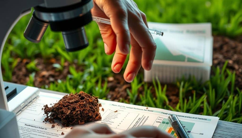 A well-lit soil sample being analyzed under a high-resolution microscope, revealing the intricate structure and composition of the earth. In the foreground, a researcher's hands carefully examine the sample, while a detailed report on a nearby desk provides insights into the soil's pH, nutrient levels, and organic matter content. The background showcases a lush, verdant lawn, hinting at the importance of proper soil management for healthy grass growth.