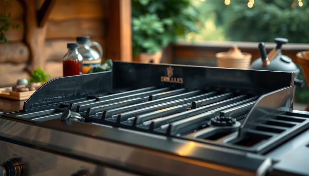 A well-maintained gas grill under soft, ambient lighting. The grill's surface is gleaming, with strategically placed condiments and tools nearby. The background features a rustic outdoor setting, perhaps a patio or deck, with lush greenery and warm, earthy tones. The overall scene conveys a sense of effortless cleanliness, highlighting the importance of proper grill maintenance and prevention of unsightly buildup. A crisp, high-resolution image that captures the essence of "Schmutzvermeidung Gasgrill" (Preventing Grill Dirt) for the article section on gas grill cleaning.