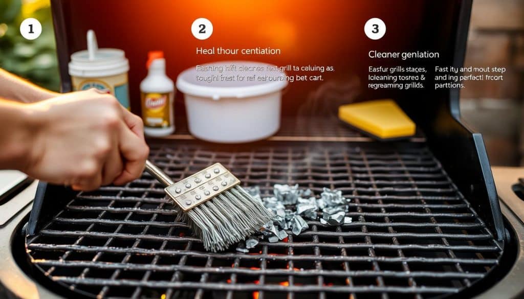 A well-organized, step-by-step workflow for thoroughly cleaning a grill. The foreground shows a person scrubbing the grate with a wire brush, revealing glistening metal. The middle ground displays various cleaning tools and supplies, such as a bucket, sponge, and cleaning solution. The background depicts the grill itself, with a warm, golden light illuminating the scene, suggesting a cozy, inviting atmosphere perfect for outdoor grilling. The overall mood conveys a sense of diligence and care, emphasizing the importance of proper grill maintenance for safe and enjoyable grilling experiences.