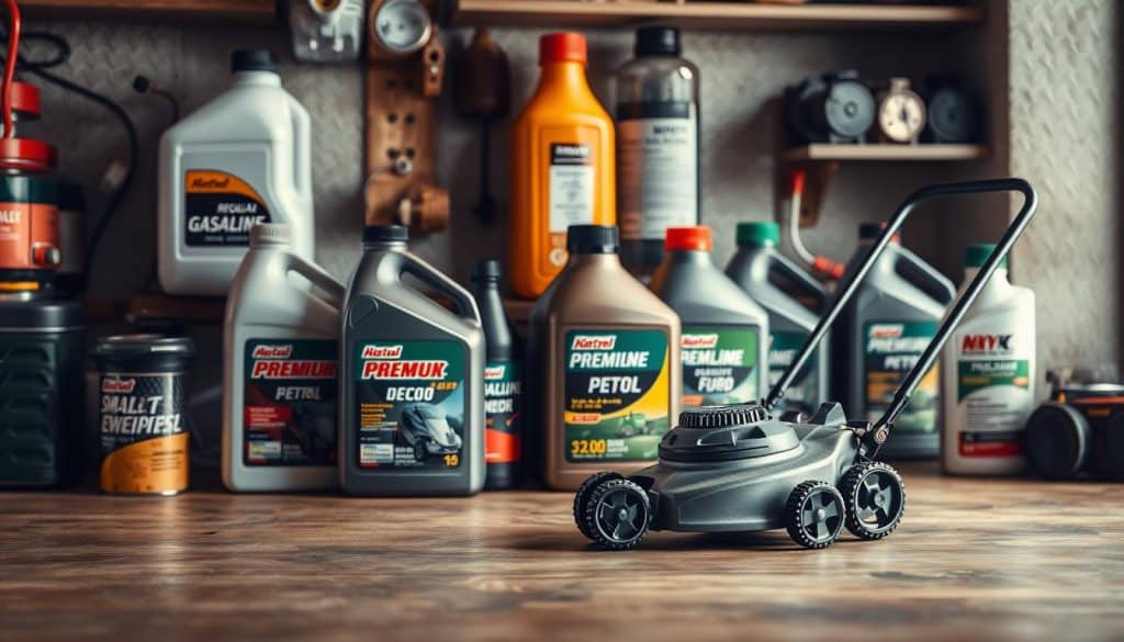 A well-stocked workbench with various canisters and bottles of different fuel types, including regular gasoline, premium petrol, and small engine fuel. Bright studio lighting highlights the textured surfaces and glossy labels, creating a clean, professional look. In the foreground, a small, well-maintained lawn mower stands prominently, inviting the viewer to consider the importance of choosing the right fuel for optimal performance. The overall atmosphere conveys a sense of care, expertise, and attention to detail, reflecting the care one should take when fueling their lawn mower.