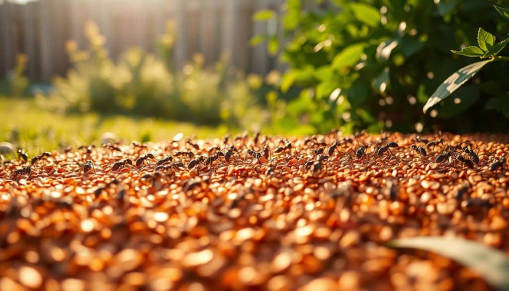 Copper-colored granules scattered across a lush garden bed, catching the warm afternoon sunlight. Swarms of determined ants crawl and navigate the scattered copper, deterred by its sharp, metallic scent. In the foreground, the copper's bright, burnished hue contrasts against the deep green foliage. Blurred in the background, a tranquil wooden fence frames the scene, hinting at a peaceful, well-tended backyard oasis. The composition conveys a sense of natural balance disrupted, a simple yet effective pest control solution in action.