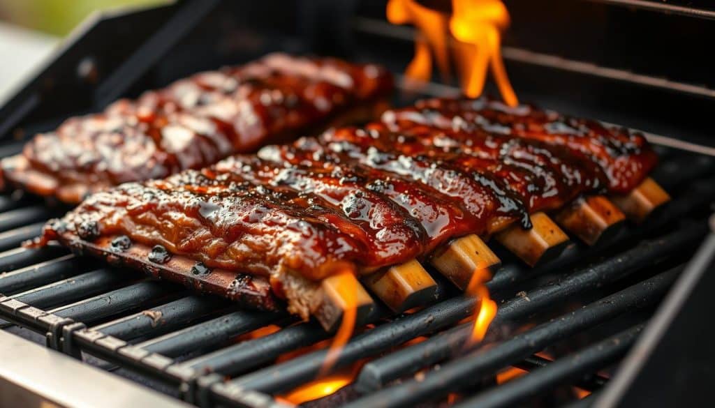 Gasgrill Spareribs: A mouthwatering feast sizzling on a well-oiled gas grill, bathed in a rich, caramelized BBQ glaze. The tender, juicy meat falls off the bone effortlessly, its smoky aroma filling the air. Carefully placed on the grates, the spareribs display an enticing char, hinting at the perfect balance of sweet and savory flavors. Flickering flames lick the edges, casting a warm, golden glow over the scene. Crisp, charred edges contrast with the succulent, pink interior, inviting the viewer to savor every bite. This image captures the essence of backyard grilling, showcasing the simple pleasures of expertly prepared spareribs on a gas-powered grill.